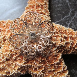 Vintage Filigree Floral Brooch with White Rhinestone Vintage Jewelry