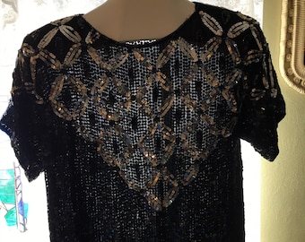 Vintage Black Silk Sequined Beaded Top Size Large