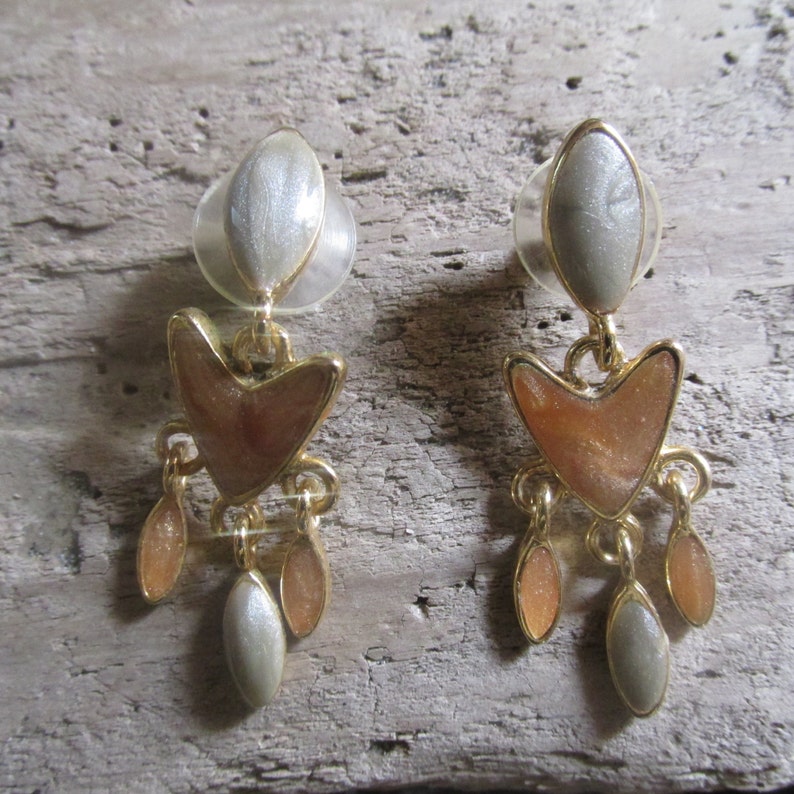 Dangle Earrings Gold Tone Light Green and Peach Pierced Earrings image 1