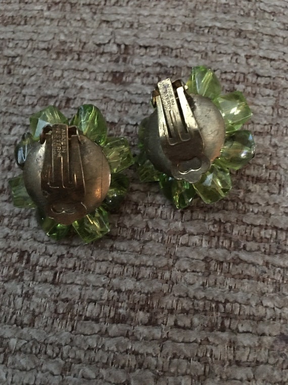 Vintage Green Beaded Earrings Clip On - image 2