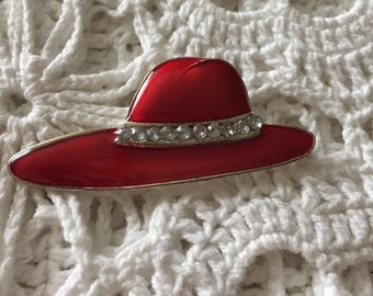 Wide Brimmed Hat Pin Brooch Red With White Rhinestones Retro Fashion Jewelry