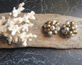 Vintage 1960's Gold Tone and Faux Pearl Clip On Earrings Cluster Style