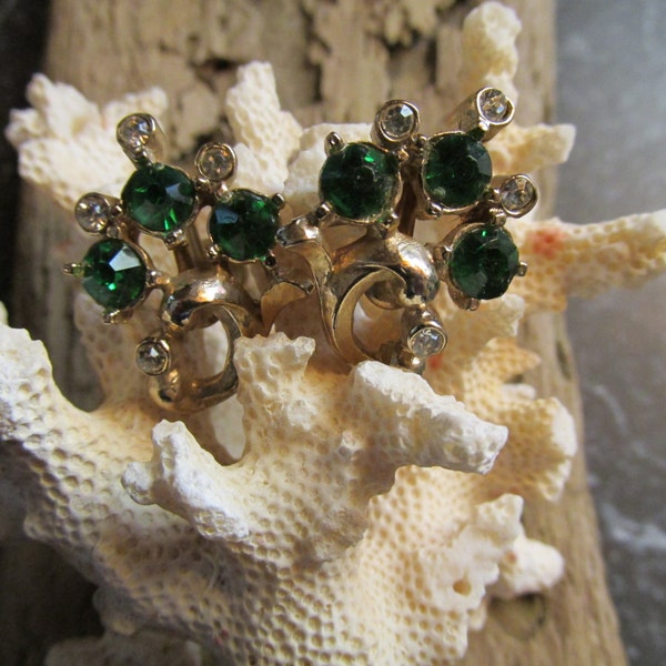 Vintage 1960's Screw On Green and White Rhinestone Earrings Gold Tone