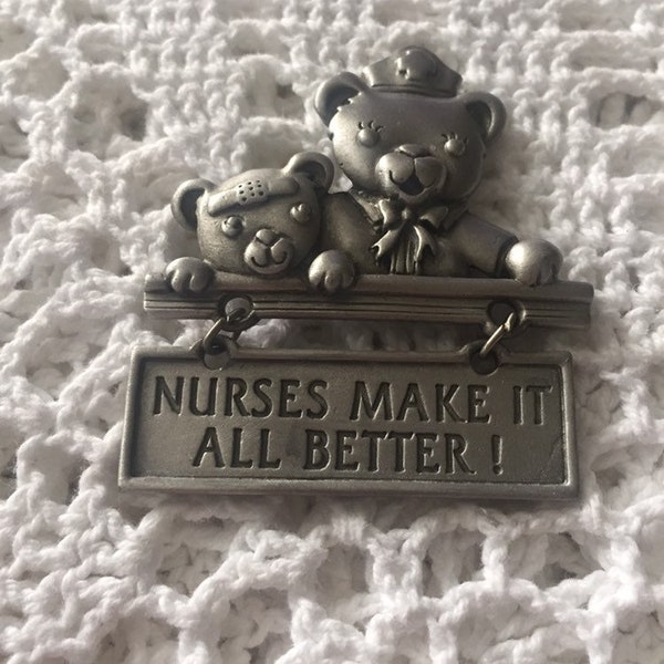 Nurses Brooch Pin Marked JJ Teddy Bears Nurses Make It All Better! Retro Jewelry