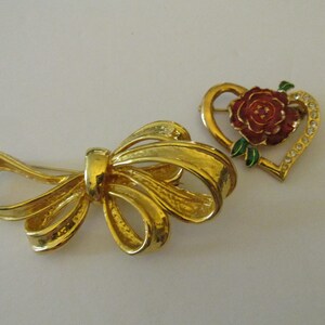 Vintage Gold Tone Bow Pin and Roses Heart Pin With White Rhinestones Vintage Brooch Pair