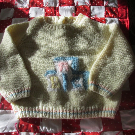 Vintage Handknit Baby or Small Toddler Sweater Baby Blocks and Pastel Yellow