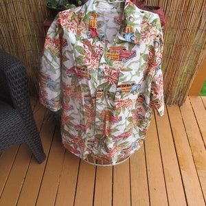 Hawaiian Print Vintage Button Down Shirt Surfboards Tropical Plants Retro Clothing