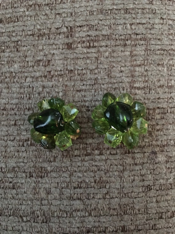 Vintage Green Beaded Earrings Clip On - image 1