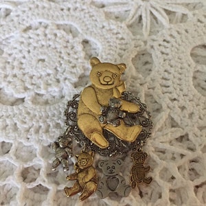 Teddy Bear Pin Brooch With Dangling Bear Charms Whimsical Jewelry