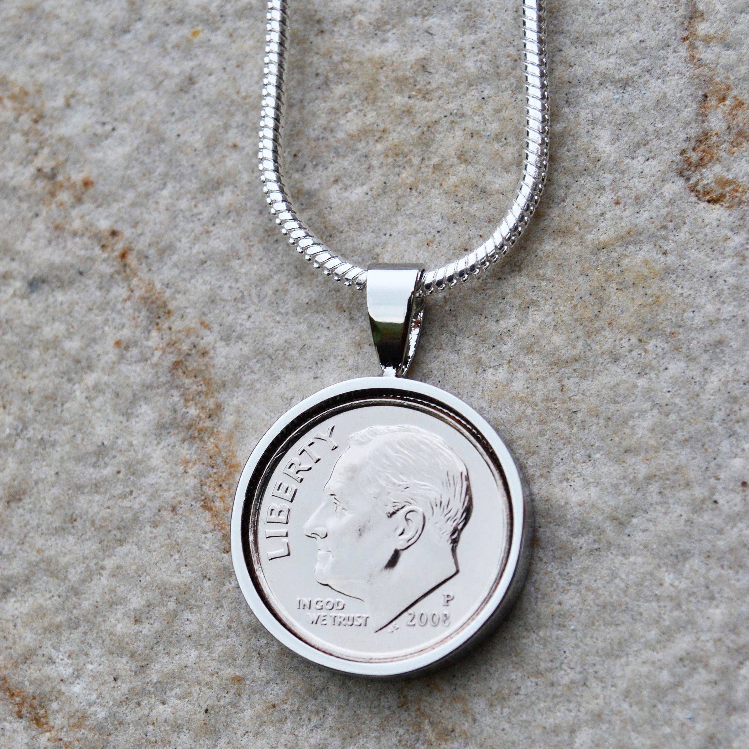2008 10th tin anniversary dime necklace 2008 necklace tin