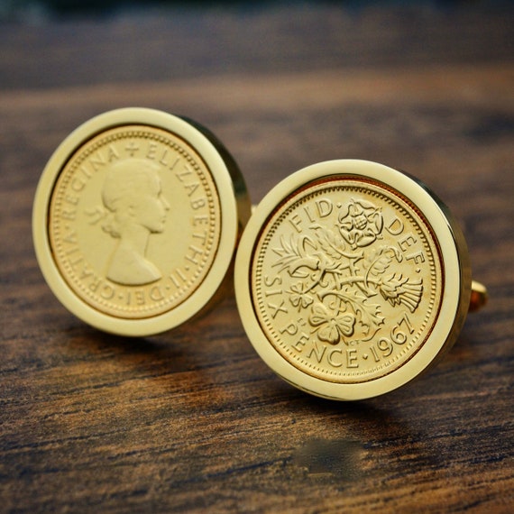 LAPEL PIN SET 1967-53rd BIRTHDAY SIXPENCE COIN CUFF LINKS AND TIE
