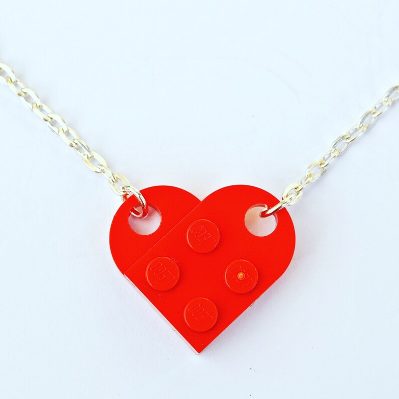 7 Funky Colours Red LEGO Necklace Love Heart Necklace Valentines Wedding Dark Red Blue Light Grey and Dark Grey Yellow Black