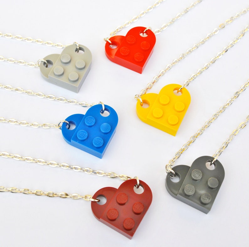 7 Funky Colours Red LEGO Necklace Love Heart Necklace Valentines Wedding Dark Red Blue Light Grey and Dark Grey Yellow Black
