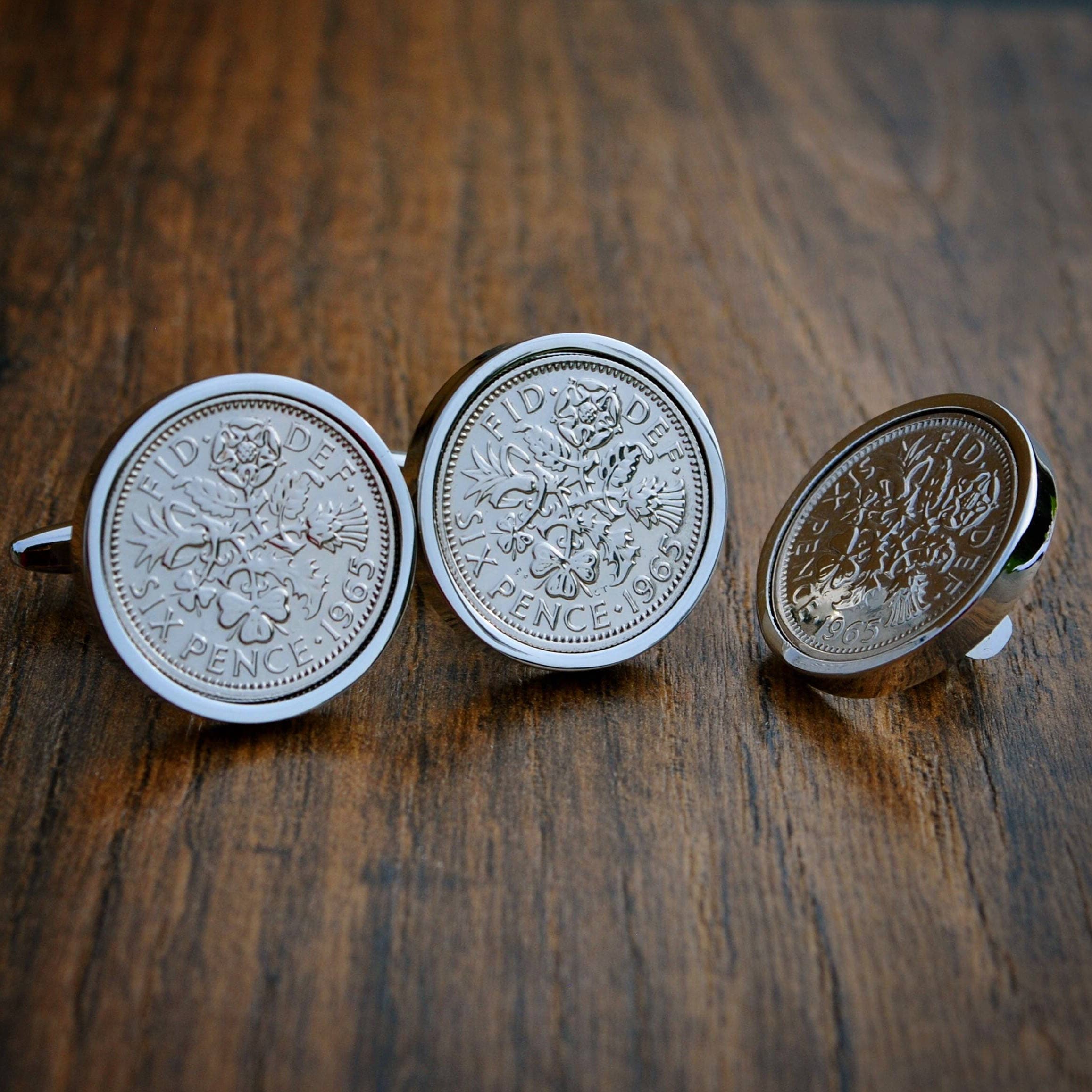 LAPEL PIN SET 1967-53rd BIRTHDAY SIXPENCE COIN CUFF LINKS AND TIE