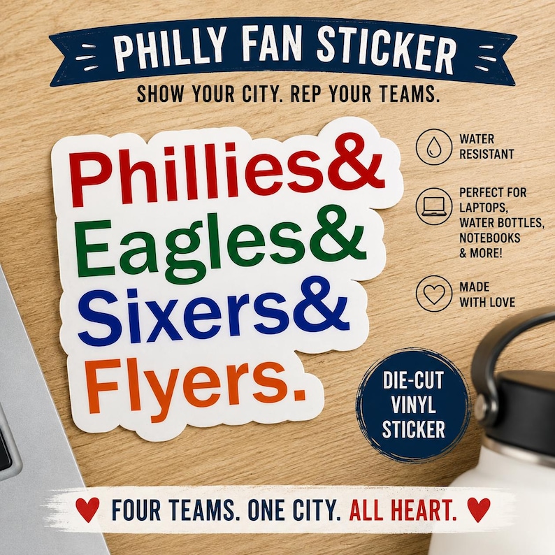 以下が含まれることがあります： 赤色の「Phillies&」、緑色の「Eagles&」、青色の「Sixers&」、オレンジ色の「Flyers.」という文字が書かれたダイカットビニールステッカー。「PHILLY FAN STICKER」、「SHOW YOUR CITY. REP YOUR TEAMS.」、「FOUR TEAMS. ONE CITY. ALL HEART.」という追加テキストが含まれています。