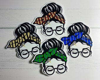 Wizard Messy Bun Girl Stickers; Bookish Girl Sticker, House Color bandana sticker, hipster wizard girl sticker; Reader Gift