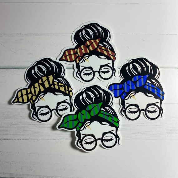 Wizard Messy Bun Girl Stickers; Bookish Girl Sticker, House Color bandana sticker, hipster wizard girl sticker; Reader Gift