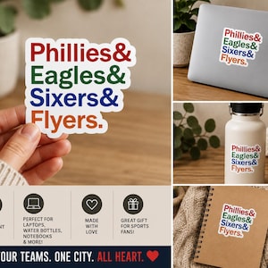 以下が含まれることがあります： Phillies、Eagles、Sixers、Flyersの文字が4行に積み重なったダイカットビニールステッカー。Philliesは赤、Eaglesは緑、Sixersは青、Flyersはオレンジ色で表記されています。各単語の後にはアンパサンド記号が付いています。