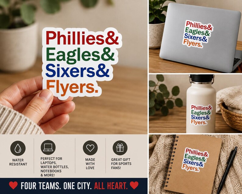 以下が含まれることがあります： Phillies、Eagles、Sixers、Flyersの文字が4行に積み重なったダイカットビニールステッカー。Philliesは赤、Eaglesは緑、Sixersは青、Flyersはオレンジ色で表記されています。各単語の後にはアンパサンド記号が付いています。