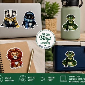 Wizarding World House Mascot Stickers, Kawaii Animal Set, Badger Raven Snake Lion Stickers, Fantasy Animal Decals image 2