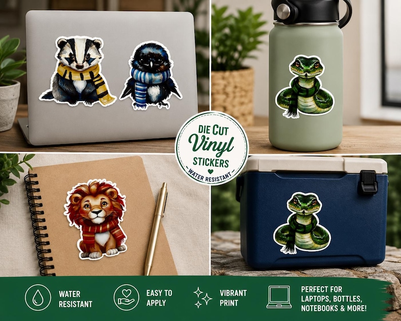 Wizarding World House Mascot Stickers, Kawaii Animal Set, Badger Raven Snake Lion Stickers, Fantasy Animal Decals image 2