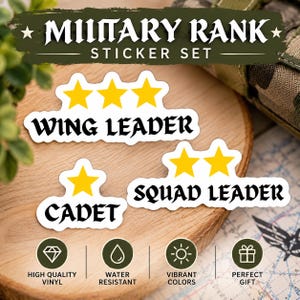 May include: A military rank sticker set featuring three white die-cut stickers with yellow stars and black text. The stickers read Wing Leader with three stars, Squad Leader with two stars, and Cadet with one star in a bold, gothic-style font.