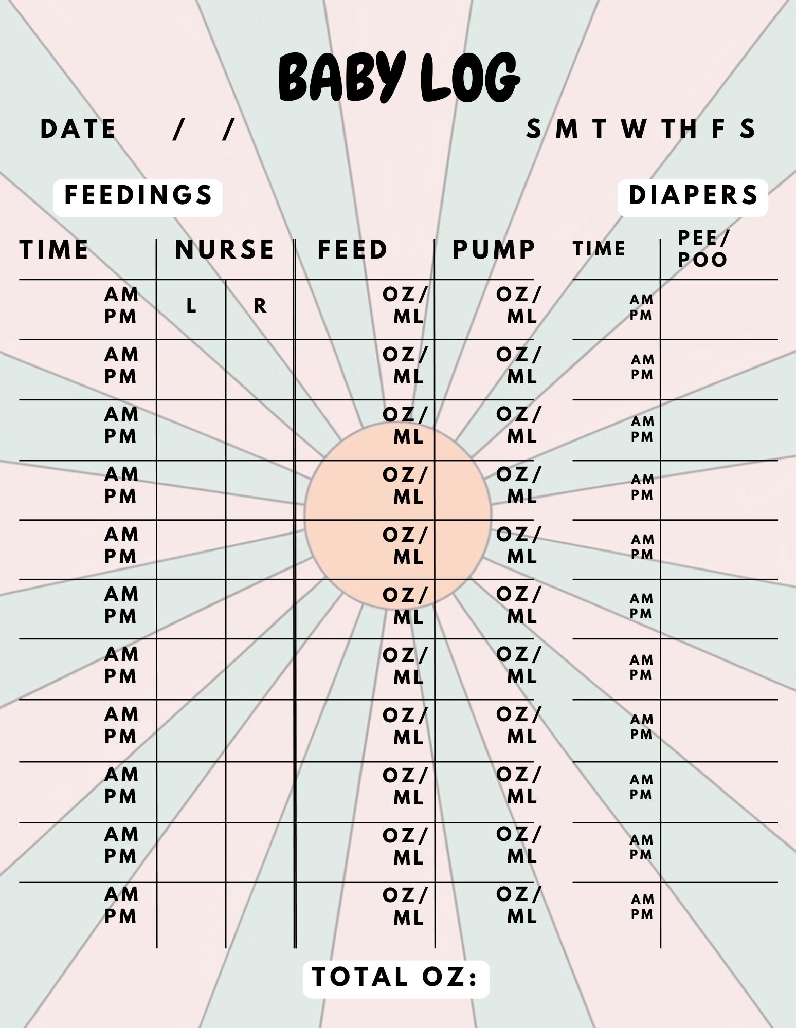 Baby Feeding and Diaper Log Printable; Newborn Daily Tracker ...