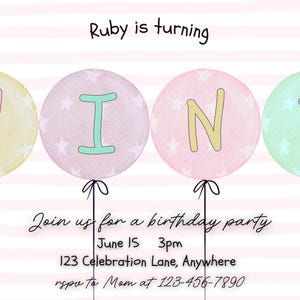 Invitation de neuvième anniversaire sur le thème ballon, invitation neuvième anniversaire fantaisiste pour petites filles, carte d'anniversaire neuvième fille imprimable