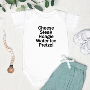 Philly Foodie short sleeve baby onesie, CheeseSteak, Hoagie, Water Ice, Pretzel bodysuit, Philadelphia baby gift ideas, cute baby bodysuit