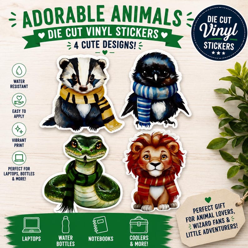 Wizarding World House Mascot Stickers, Kawaii Animal Set, Badger Raven Snake Lion Stickers, Fantasy Animal Decals image 1