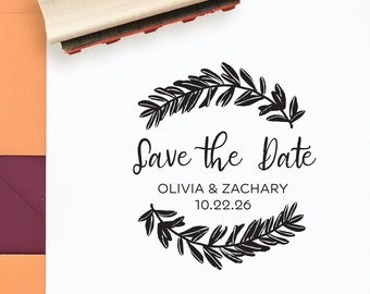 Save the Date Stamp, Wedding Stamp with Wreath, Save the Dates, Wedding Stamp With Names and Date, Custom Save the Date Stamp Style No. 60W
