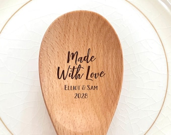 Custom Engraved Mixing Spoon With Couple Names and Wedding Date | Personalized Wedding Favor Wooden Spoon | Made With Love | Foodie Wedding