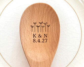 Custom Engraved Mixing Spoon With Initials and Wedding Date | Personalized Wedding Favor | Bridal Party Gift | Seedlings | Garden Wedding