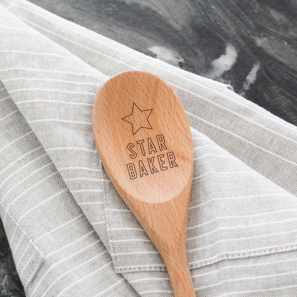 Engraved Wooden Spoon | Star Baker | Beechwood Serving Spoon | Kitchen and Home Gift | Housewarming Present | Gift for Foodie