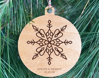 Personalized Wedding Favor Holiday Ornament | Our First Christmas | Laser Engraved Favor Ornament | Winter Wedding | Snowflake Ornament 001