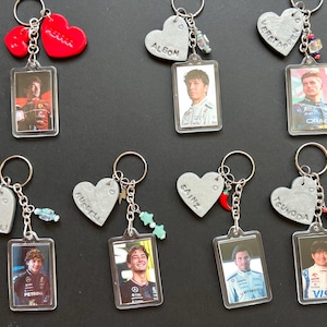 F1 Driver Keychain: Handmade Clay Charm, Acrylic Photo Frame