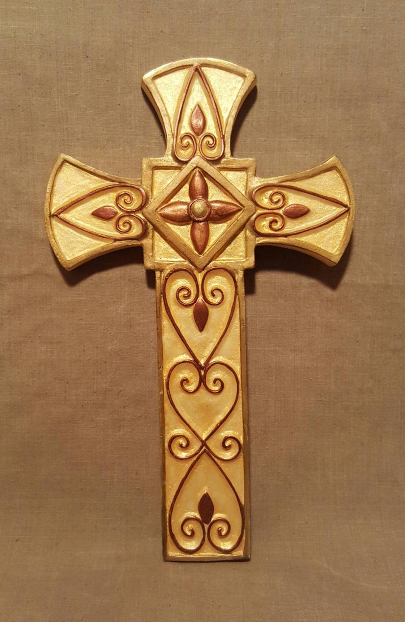 Hand Painted Ceramic Cross Wall Decor Hang Gold Copper Etsy