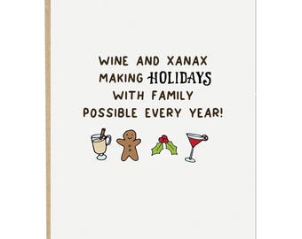 Wine and Xanax Holiday Card, Christmas Card, Wine Card, Funny Holiday Card, Funny Christmas Card, Wine Lover Card