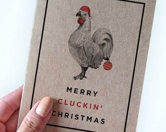 Chicken Pun Holiday Card - Merry Cluckin' Christmas - Fun Christmas Card For Friends Made From Recycled Kraft Paper - A2 Sized Card