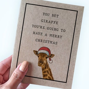 Jeu de mots girafe pour les fêtes - Vous pariez girafe que vous allez avoir un joyeux Noël - Jeux de mots pour les amis et la famille - Papier recyclé