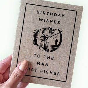 Souhaits d'anniversaire à l'homme qui pêche - carte d'anniversaire pour amateur de pêche - carte d'anniversaire pour lui - carte de voeux A2 - anniversaire de pêche