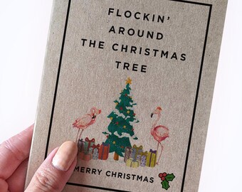 Flamingo Christmas Card - Flockin' Around The Christmas Tree - Animal Pun Holiday Card - Family Christmas Card Packs - Handmade Cards