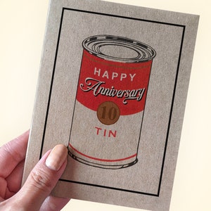 Carte de voeux d'anniversaire en étain - Joyeux anniversaire - Carte d'anniversaire de dix ans pour un anniversaire en étain ou en aluminium - Anniversaire de boîte de soupe
