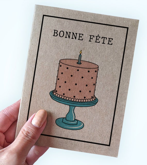 French Bonne Fete - Birthday Card for French Canadian Speakers - Canadian French Birthday Card with Cake - Available in Other Languages