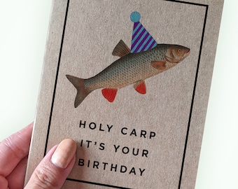 Holy Carp It's Your Birthday - Fun Birthday Card Pun - Birthday Card for Him - A2 Greeting Card - Recycled Kraft Card - Fishing Carp