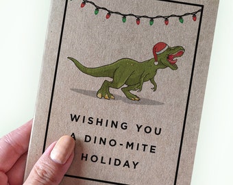 Dinosaur Pun Holiday Card - Wishing You A Dino-Mite Holiday - Dad Joke Holiday Card For Friends and Family Made From Recycled Kraft Paper