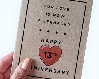 Thirteen Year Anniversary Card For Husband, Our Love Is A Teenager, Cute 13 Year Anniversary Card For Wife, Funny Wedding Anniversary Cards