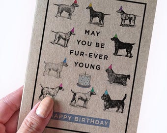 May include: A brown card with a birthday message that says "May you be fur-ever young." The card has a cartoon illustration of nine dogs wearing party hats. The card also has a cartoon illustration of a birthday cake with a candle on top. The card says "Happy Birthday" at the bottom.
