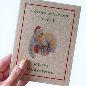 Jolie carte de Noël ours polaire - J'apporte des cadeaux - Joyeux Noël - Cartes de Noël avec jeu de mots avec les animaux - Cartes de vœux pour la famille - Papier recyclé