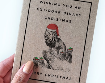Funny Lion Pun Holiday Card - Wishing You An Ext-roar-dinary Christmas - Merry Christmas -  Made From Recycled Kraft Paper - A2 Sized Card
